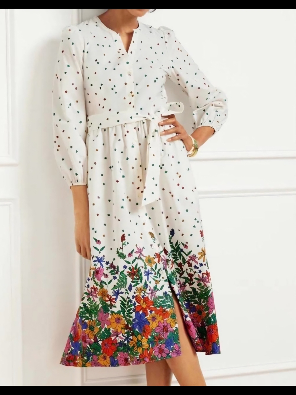 Talbots Cream Midi Dress with Multicolor Floral Border
